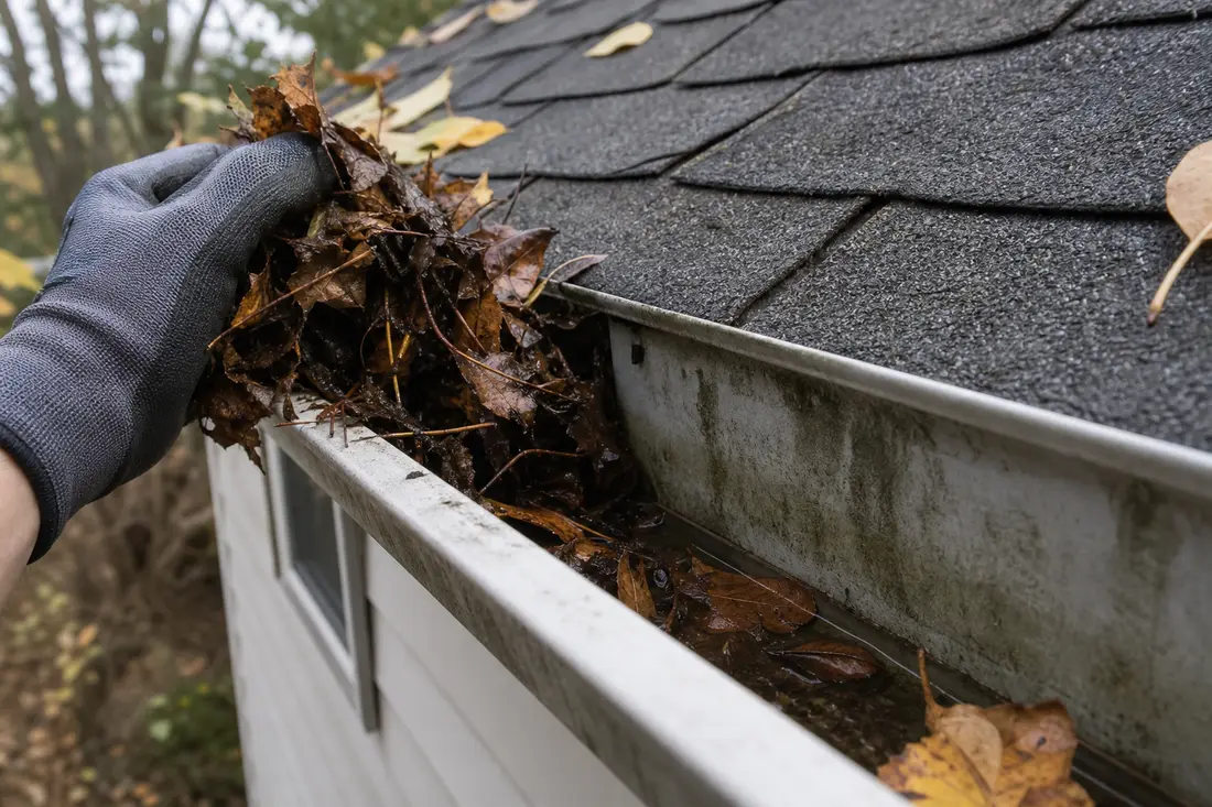 Chéneau et gouttière encombrés de feuilles mortes avant un nettoyage d'entretien
