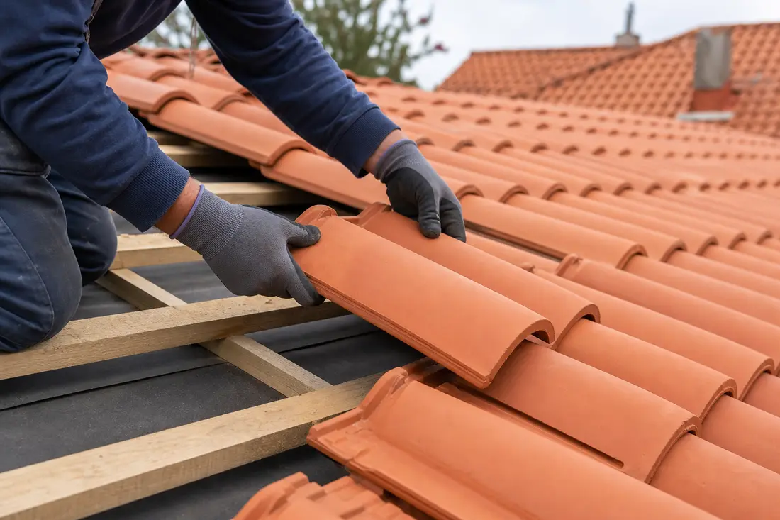 Couvreur posant des tuiles en terre cuite neuves lors d'une rénovation de toiture