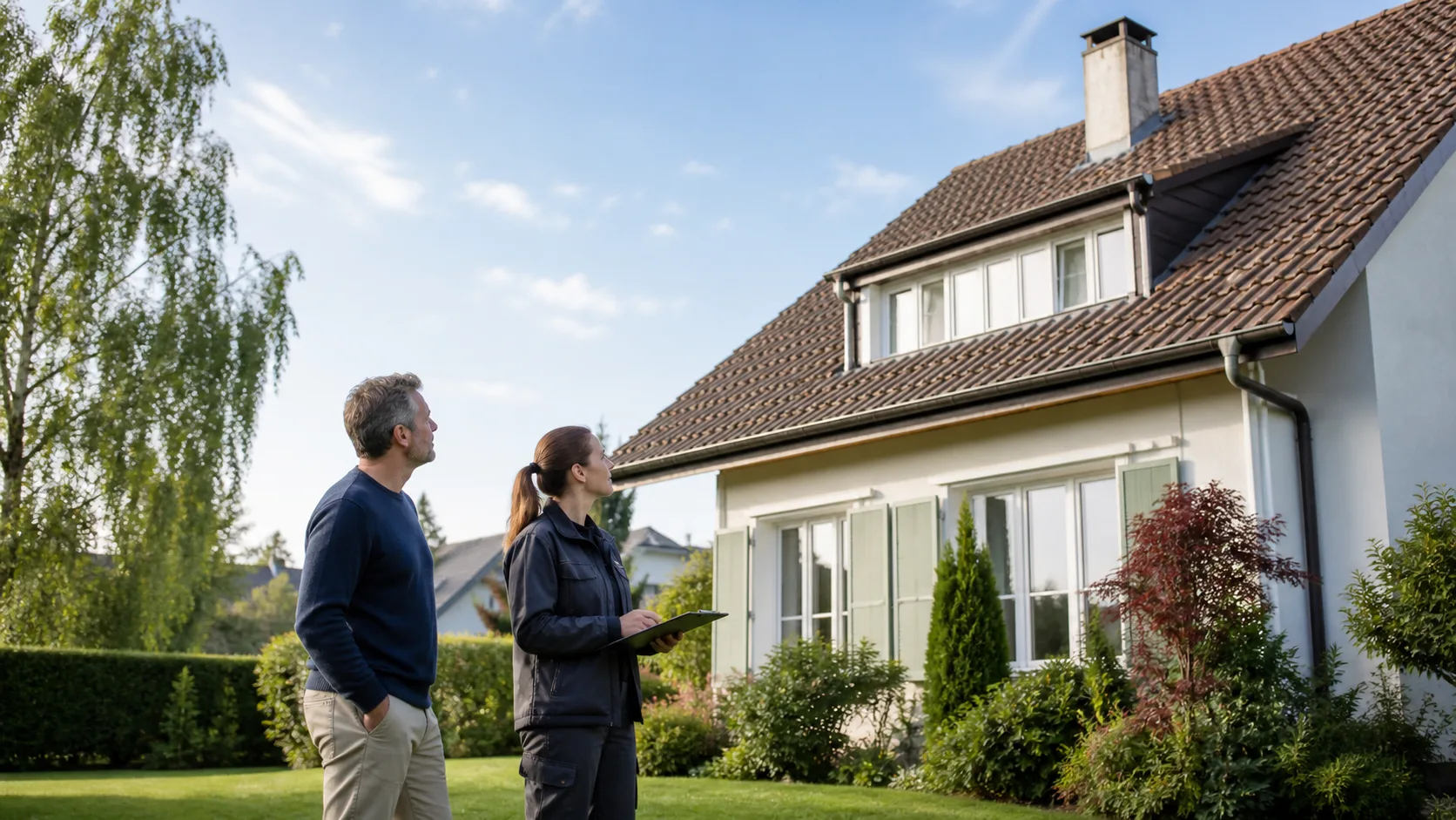 Propriétaire et couvreuse observant une toiture depuis un jardin en Suisse romande