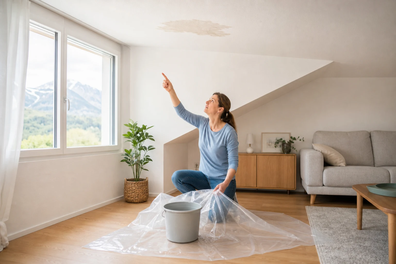 Propriétaire protégeant un sol sous une tache au plafond dans une maison suisse