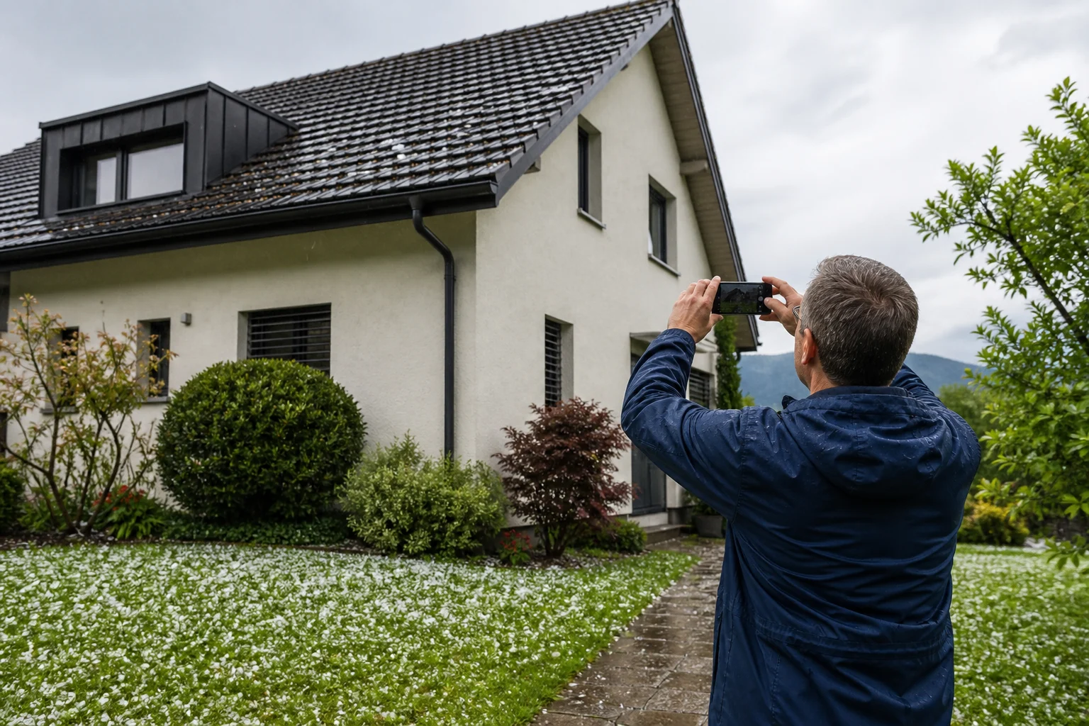Après une averse de grêle, un propriétaire observe sa maison depuis le jardin avec un téléphone, sans monter sur le toit.