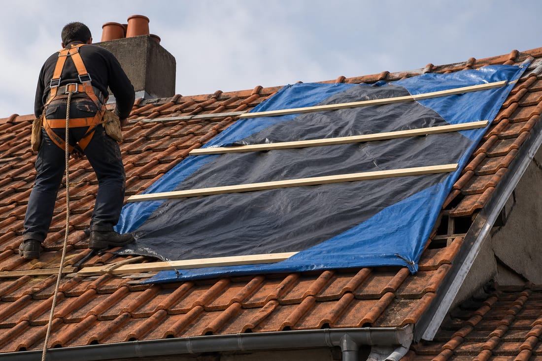 Exemple : bâche provisoire fixée sur une toiture endommagée